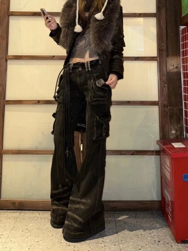 ジーンズ レディース ローライズ デニム カーゴパンツ パンク Y2K マイクロフレア ワイドレッグ ゆったり ブラックデニム ウォッシュ加工 ストリート カジュアル