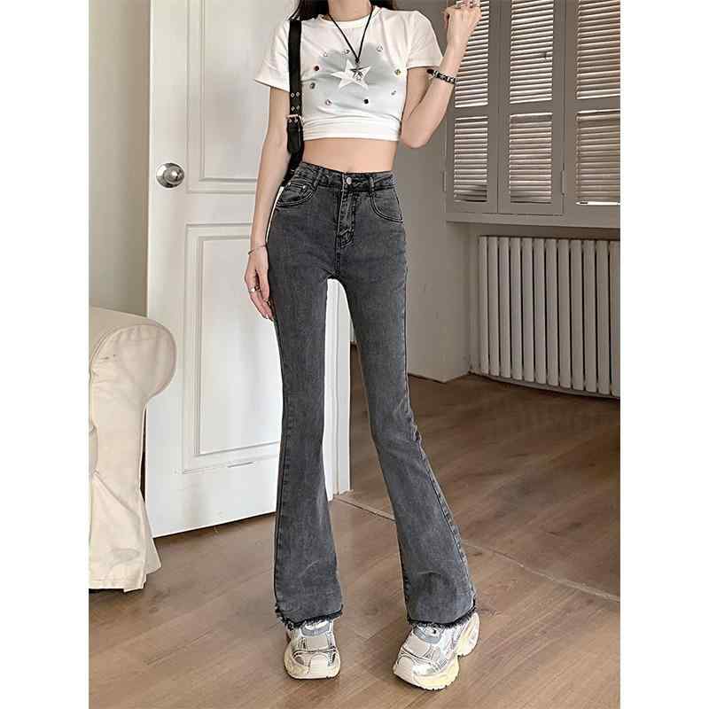 デニム レディース 春夏 高 Street パンツ 灰色 黒色 ジーパン Gパン ジーンズ ボトムス ハイウエスト 美脚 脚長効果 スタイルアップ ストレート 伸縮性