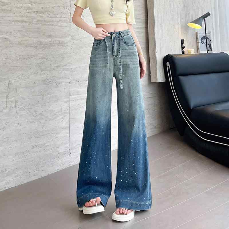 デニム レディース ワイドレッグ ジーンズ 春夏 高見え 接触冷感 ゆったり ストレート ズボン ボトムス 切り替え グラデーション ブルー系