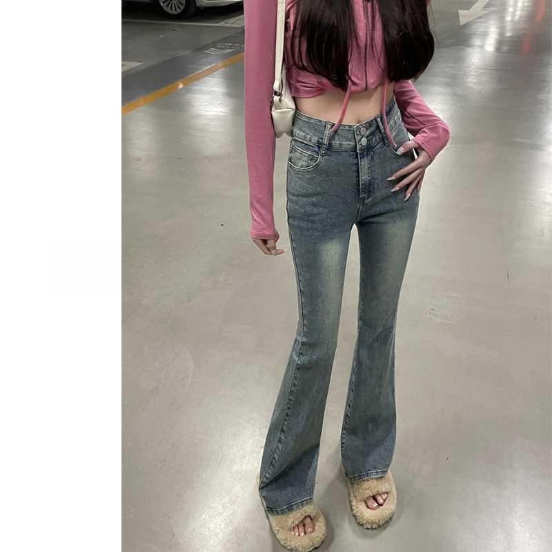 レディース デニムパンツ ハイウエスト マイクロフレア ロング丈 スリムフィット 伸縮性 通勤 普段使い 都市スタイル ブラック 復古ブルー グレー 綿素材 薄手 軽量 ジッパー 学生向け 百搭 スリム 修身 潮 馬蹄フレア フロア丈 気質 クロスボーダ