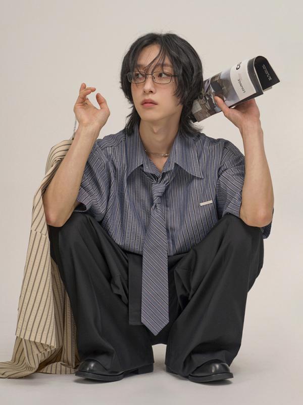 シャツ メンズ 半袖 ストライプ コットンブレンド ゆったり カジュアル 開襟 接触冷感 涼しい カレッジスタイル 制服風|イーマイショップ