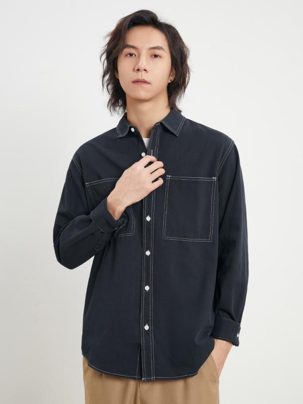 シャツ 男性用 長袖 トップス コットン100％ 40番手 翻襟 開襟 無地 春秋物 ゆったり リラックス おしゃれ 宝藍色 コーヒー色 白 杏色