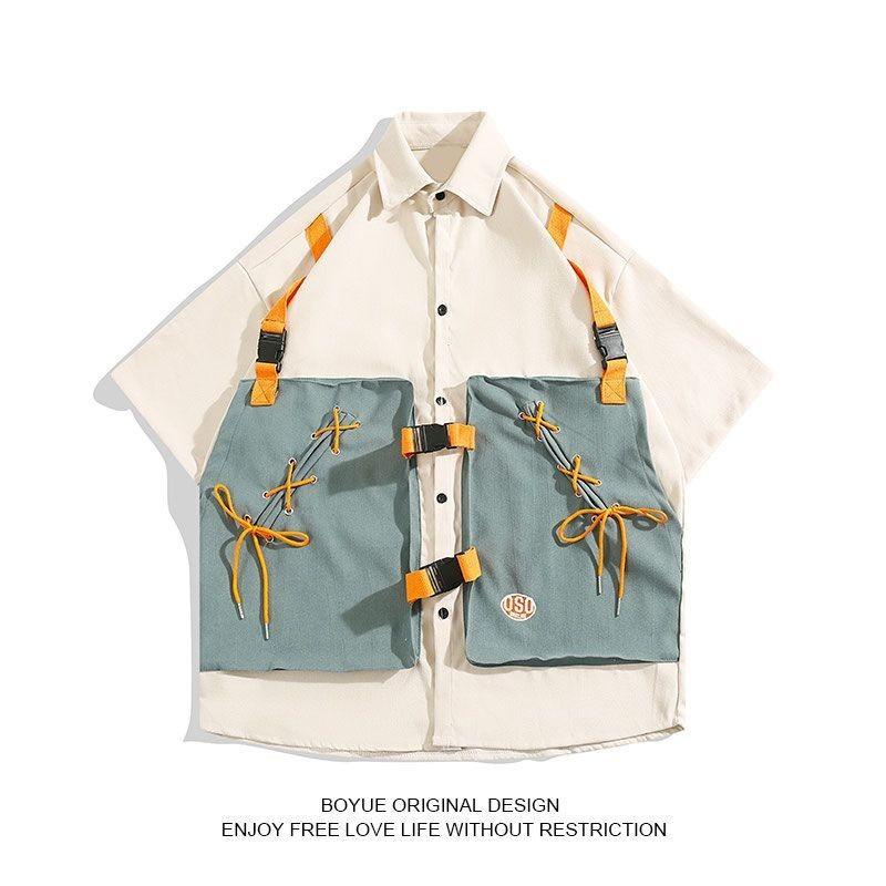 シャツ メンズ 男性用 麻混紡 5分袖 ワークシャツ 春夏 ゆったり カジュアル ブラック カーキ