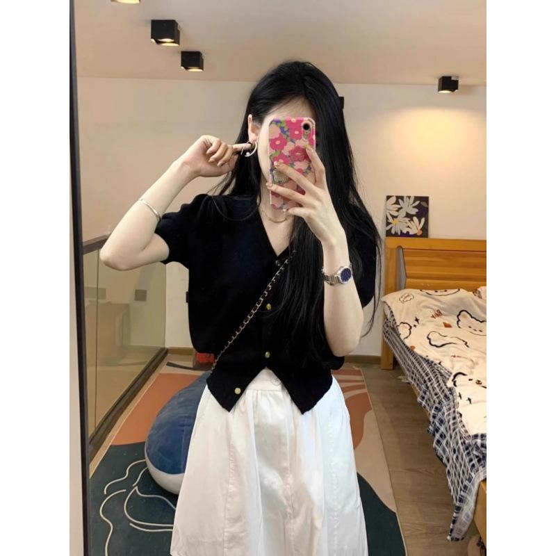 ニット レディース カーディガン Vネック 黒 ブラック トップス 半袖 薄手 Tシャツ サマーニット シャーリング フェミニン スタイル 通勤 オフィス カジュアル