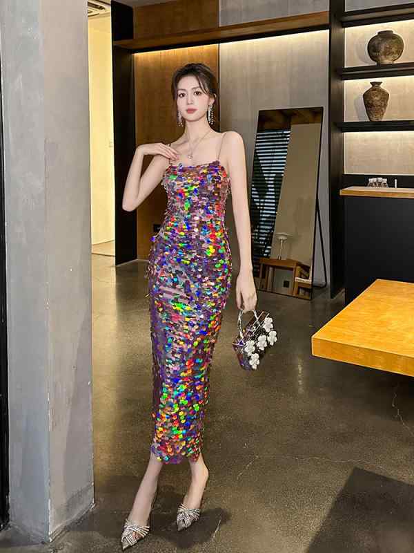 ワンピース レディース ノースリーブ ロング丈 スパンコール パーティードレス セクシー 高見え キャミソール 伸縮性 無地 接触冷感 発表会 演奏会 フォーマル 普段使い 結婚式 二次会 お呼ばれ 披露宴 春夏