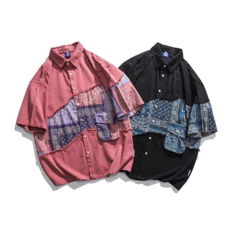 メンズ 短袖 シャツ トップス 夏 春夏 綿100% 耐摩耗 切り替え 撞色 フラワー柄 プリント 翻領 開衫 ルーズフィット ストリート ファッション 復古 エスニック 柄 黒 赤 白 カラーバリエーション ゆったり シルエット ティーン向け 青少年