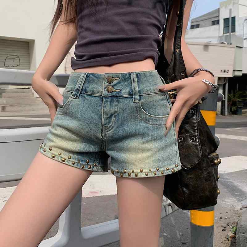 デニム ホットパンツ レディース ストレッチ Aライン 美脚 短パン ダメージ加工 スタッズ付き 中厚手 普段使い 伸縮性 ウエスト Mサイズ Lサイズ XLサイズ 接触冷感 部屋着