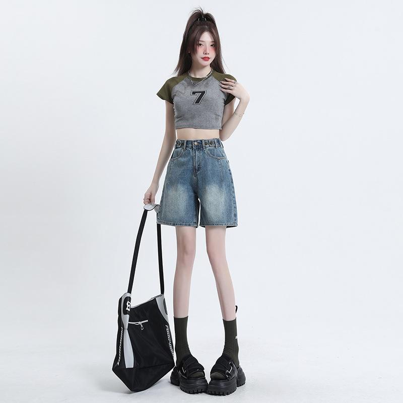 デニム レディース キュロット ショートパンツ 高見え ワイド ゆったり 短パン ジーンズ ジーパン 7分丈 高腰 ハイウエスト 薄手 接触冷感 文芸風 レトロ かわいい 刺・墸 ?腿パンツ 夏 春夏 ブルー XS S M L XL XXL