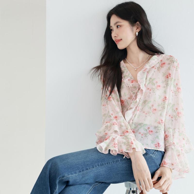 シャツ レディース ローズ柄 Rose バラ柄 プリント 長袖 荷葉 フリル 襟 襟フリル ゆったり ポリエステル 普段使い 通勤 ・摩瑰? S M L