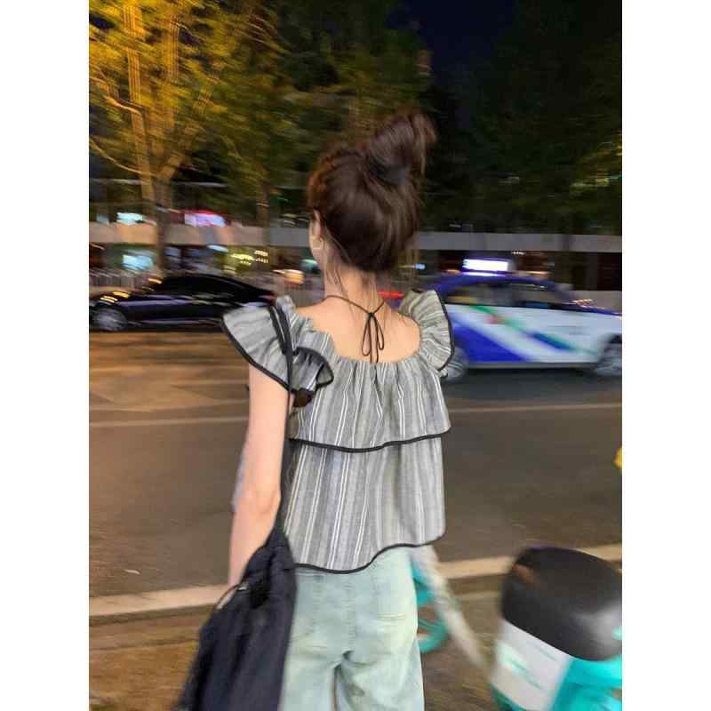 シャツ レディース ストライプ 半袖 フリル袖 contact冷感 コットン トップス 婦人服 通勤 オフィス カジュアル グレー