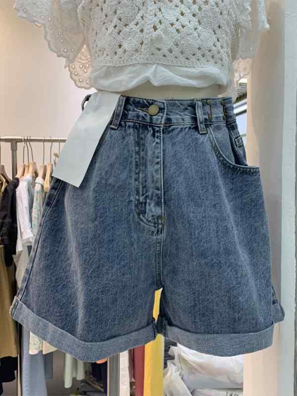 ショートパンツ レディース 大きいサイズ ハイウエスト デニム Aライン ゆったり 体型カバー ロールアップ 着痩せ ブルー ブラック S M L XL 2XL 3XL 4XL