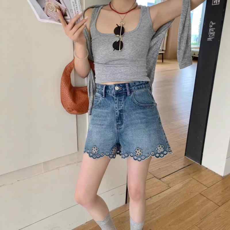 デニム レディース ショートパンツ ハイウエスト 短パン ワイドレッグ ゆったり ジーンズ ジーパン 刺・墸 花柄 デニムブルー 通勤 通学 普段使い