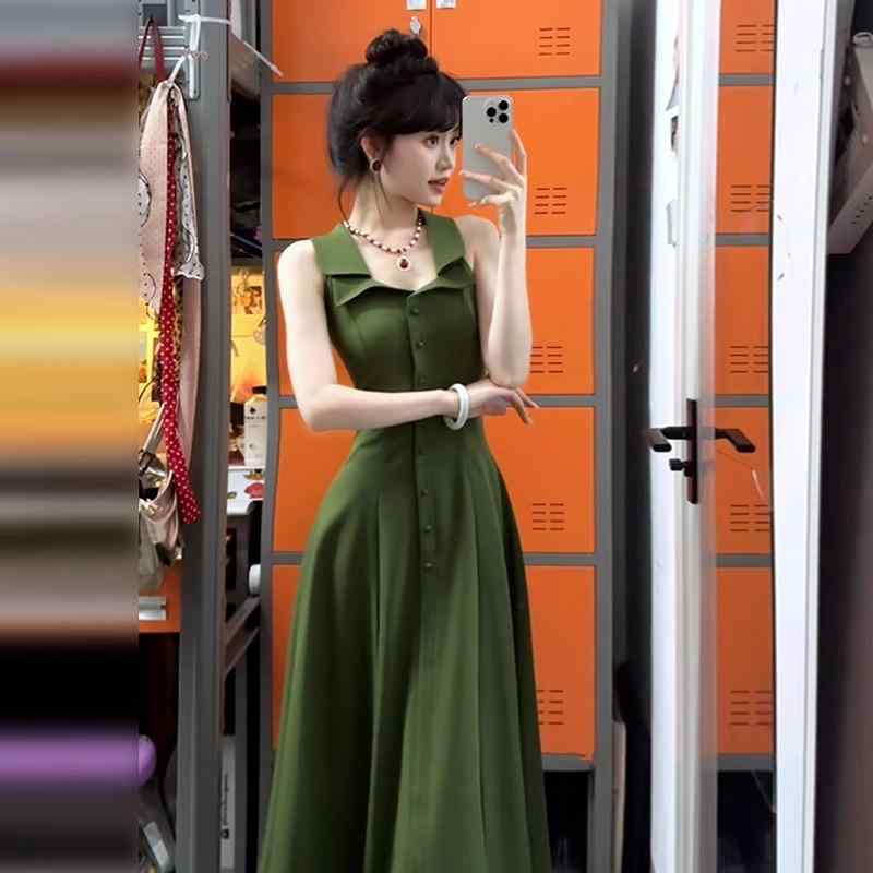 ワンピース レディース Aライン ノースリーブ 膝下丈 吊りスカート 高見え 無地 TR素材 ポリエステル グリーン 春夏 高腰 清楚 きれいめ お呼ばれ
