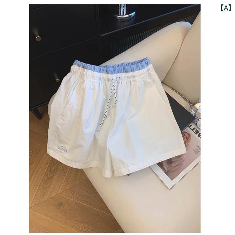ショートパンツ レディース 高腰 短パン 白 紺色 ブルー 5分丈 ゆったり ルームウェア 部屋着 普段使い 通勤 伸縮性 ポケット ポリエステル