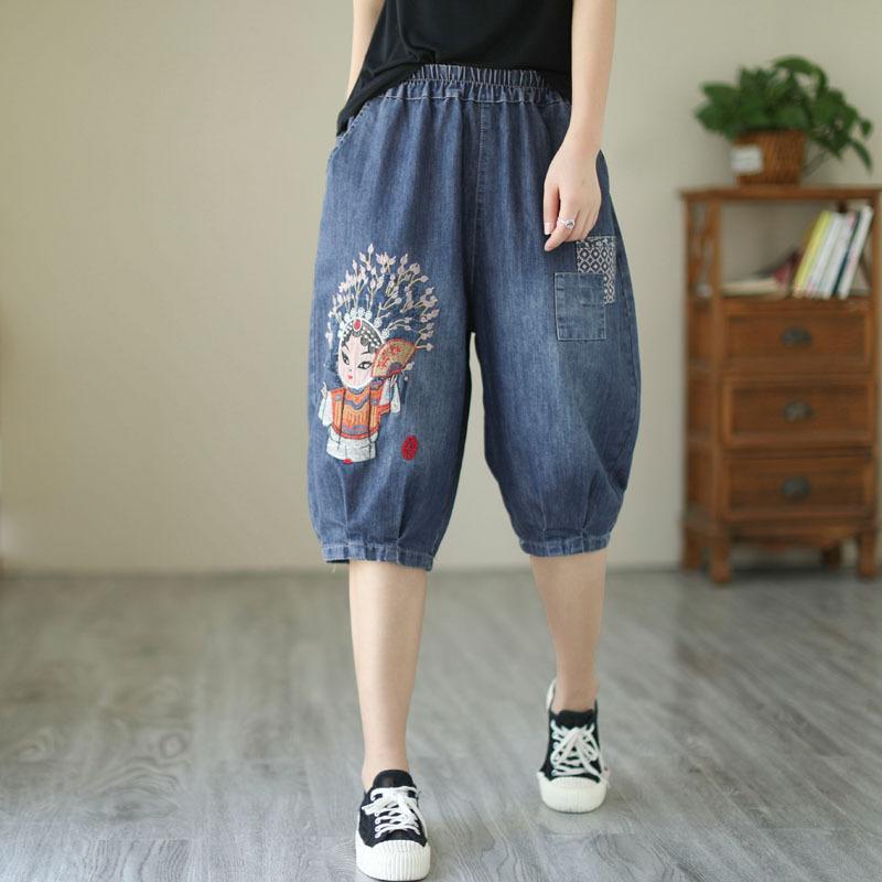 ジーンズ レディース ハーレムパンツ 5分丈 6分丈 デニムパンツ ハイウエスト ゴムウエスト ゆったりサイズ ウォッシュ加工 刺繍 文芸風 レトロ 薄手 民族風 M L XL 春夏
