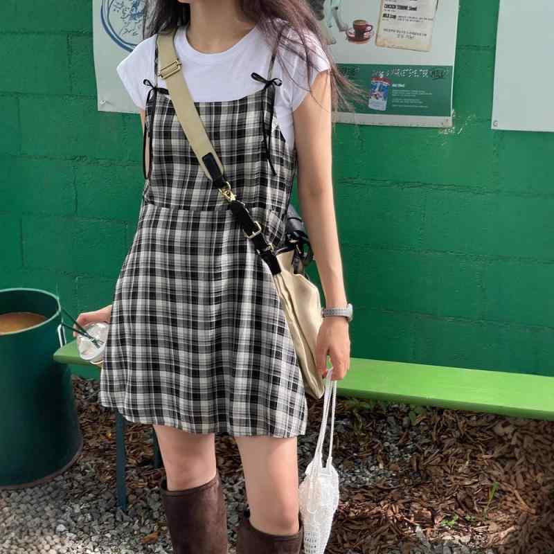 ワンピース レディース 春夏 格子柄 キャミソールワンピース ミニスカート 学院風 かわいい ガーリー 重ね着風 ポリエステル