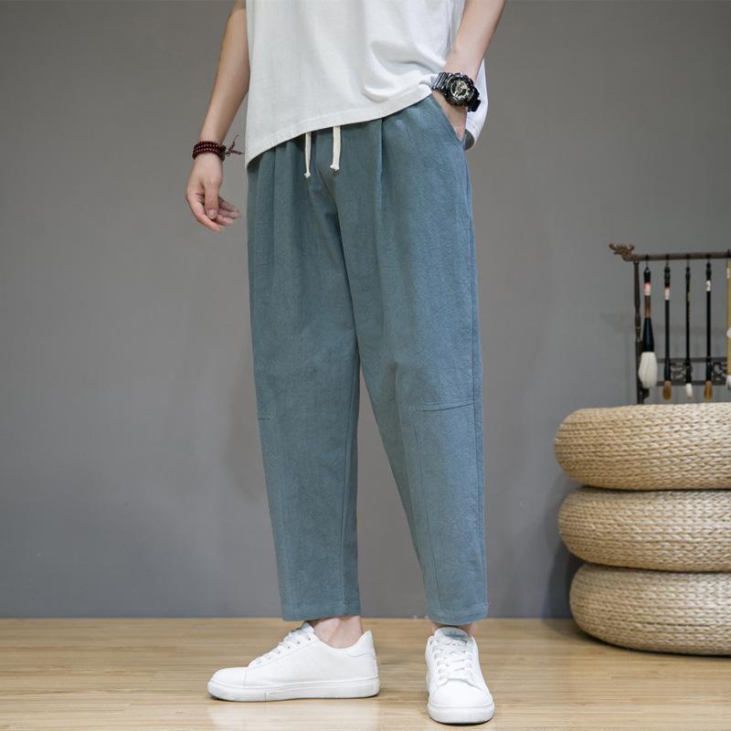パンツ メンズ 男性用 綿麻 リネン 9分丈パンツ ストレートパンツ 無地 ウエスト紐 部屋着 普段使い アウトドア ブラック 紺色 緑色 グレー系 M L XL XXL 3XL 4XL 5XL