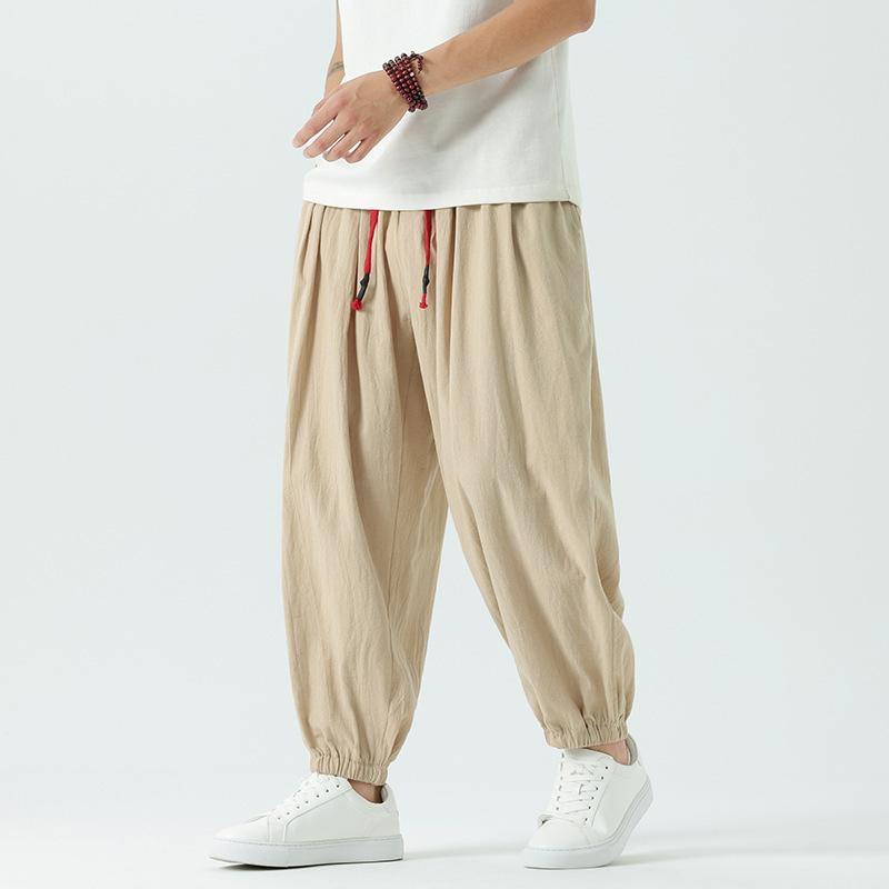 パンツ 男性用 コットンリネン テーパードパンツ リラックスパンツ 中国風 無地 薄手 ウエスト紐 ズボン 普段使い 深灰色 ブラック カーキ 軍緑 浅ブルー 紺色 M L XL 2XL 3XL 4XL 5XL
