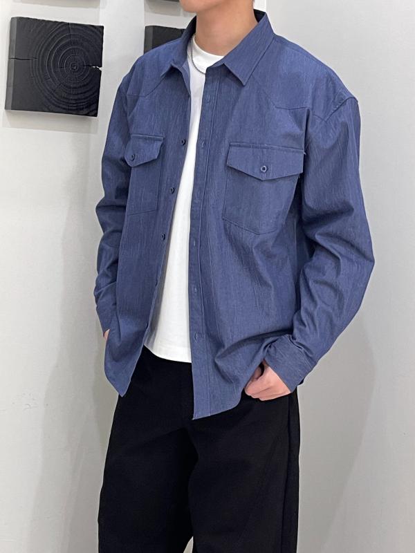 シャツ メンズ 男性用 デニム ワークシャツ 長袖 コットン 100% 春秋 トップス 普段使い 部屋着 ブラック ブルー系