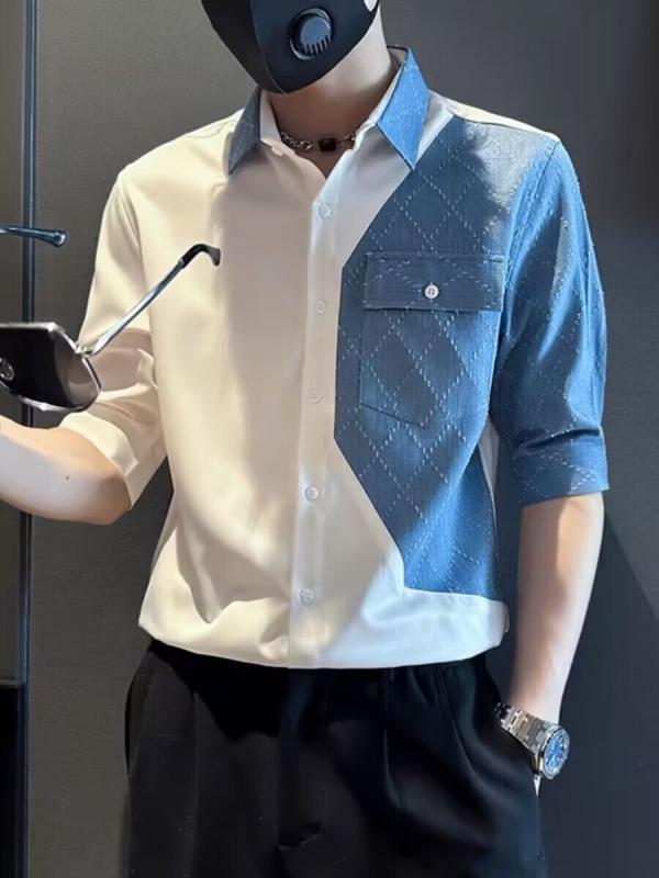 メンズ シャツ トップス 春夏 夏季 半袖 中袖 切り替え 牛仔風 ポケット ワイドシルエット 綿混紡 ポリエステル ブラック ホワイト ゆったり 日常 カジュアル 洗濯機可 免アイロン 青少年 成人用