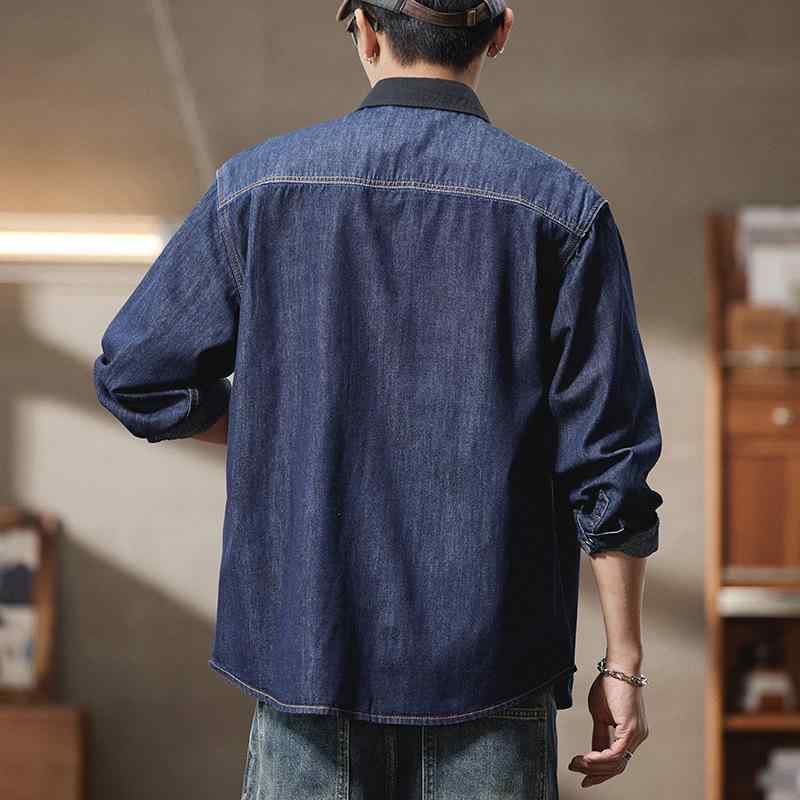 シャツ 男性用 水洗い加工 レトロ デニムシャツ 長袖 コットン 混紡 ゆったりサイズ 配色 春物