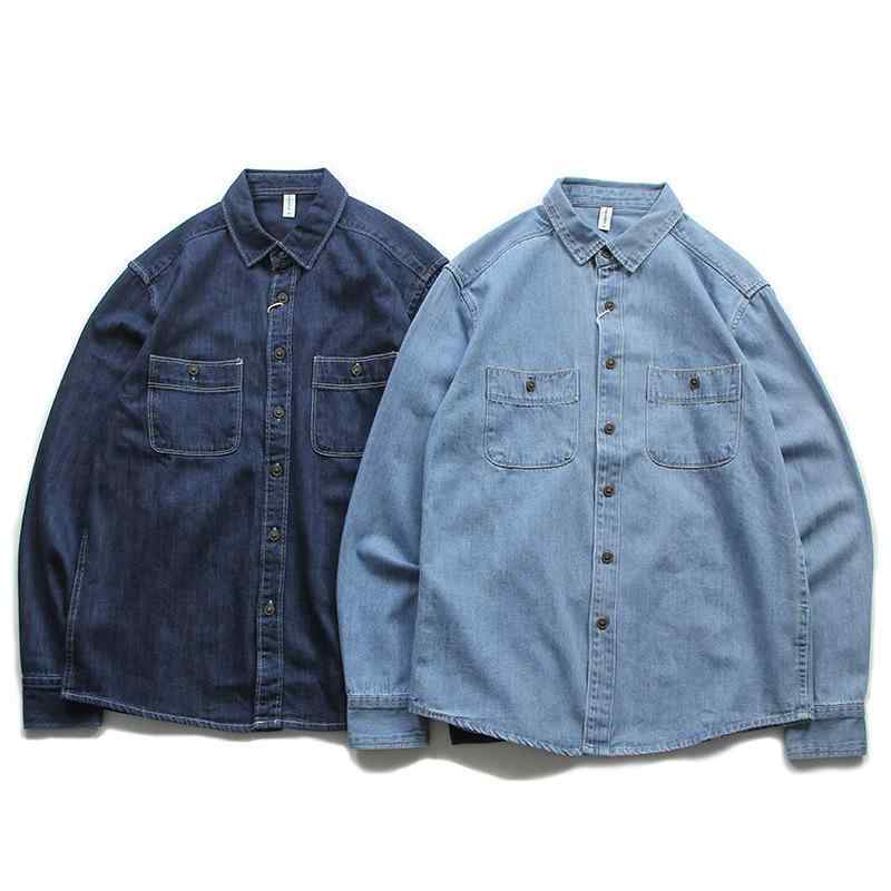 シャツ メンズ デニムシャツ 長袖 アメカジ ワークシャツ コットンブレンド 浅藍色 深藍色 多ポケット ?松 合体型