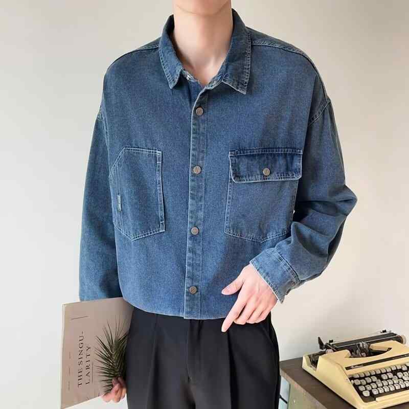 シャツ 男性用 長袖 水洗 デニム 接触冷感 ?衣 アウター トップス コットンブレンド ブルー ブラック