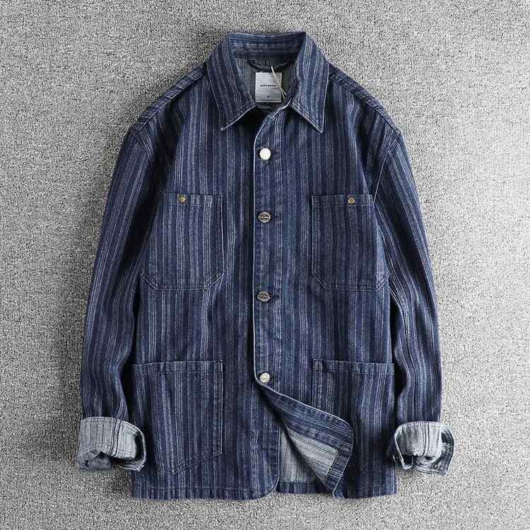 シャツ 男性用 レトロ ストライプ デニム コットン ワークシャツ 長袖 トップス ゆったり 耐摩耗 春秋 ブルー
