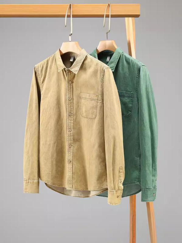 シャツ 男性用 コットン デニム トップス 長袖 無地 カーキ色 グリーン M L XL XXL XXXL ウォッシュ加工 防シワ 抗菌 吸湿速乾