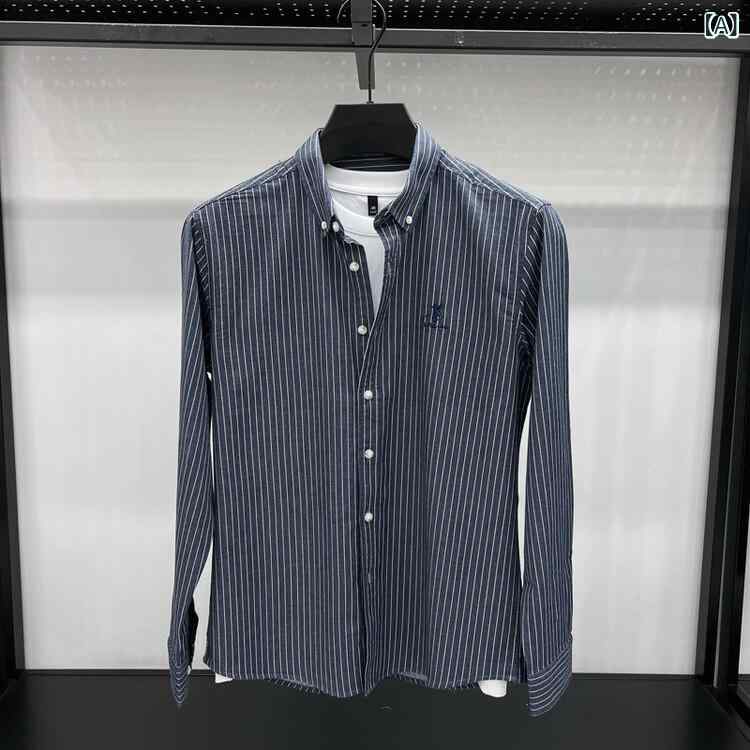 シャツ 男性用 長袖 刺・墸 ストライプ柄 コットン 紳士服 ビジネス カジュアル 通気性 吸湿速乾 デニムグレー デニムグリーン 春秋