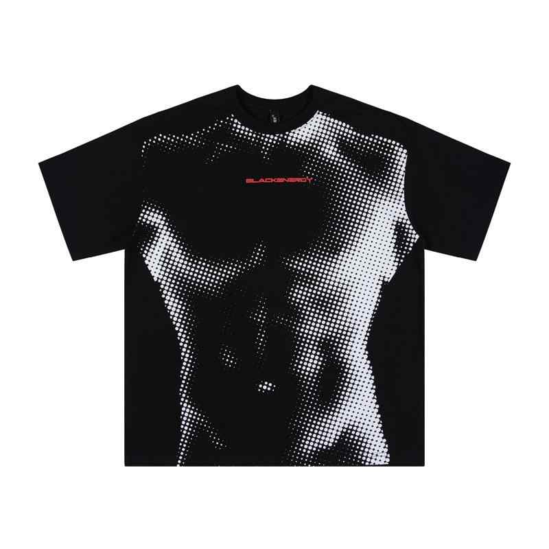 Tシャツ メンズ ストリート コットン 腹筋 プリント 半袖 ゆったり トップス クルーネック カットソー 普段使い 部屋着 ブラック グレー