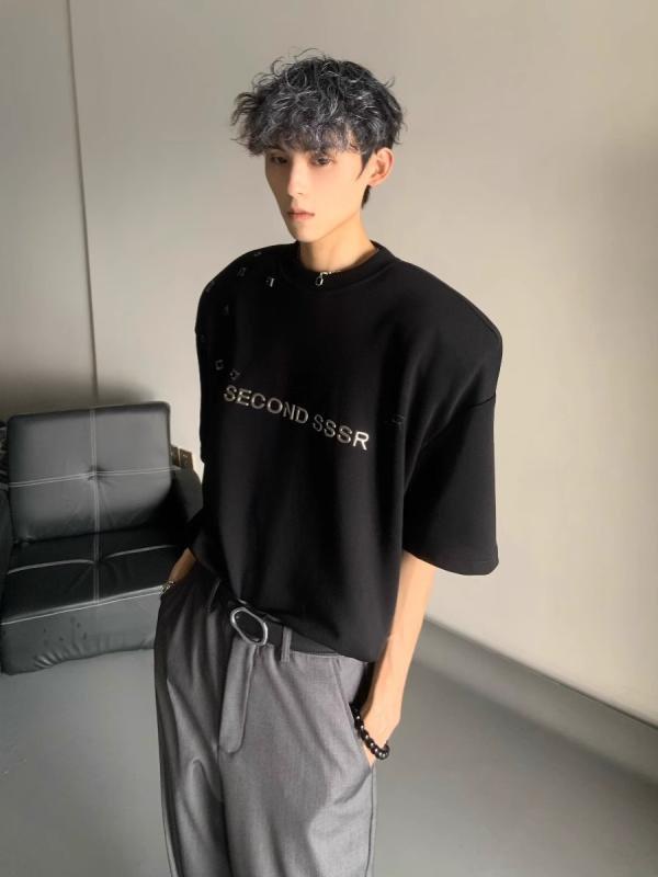 Tシャツ メンズ 半袖 ストリート アルファベット柄 プリント ドロップショルダー ゆったり カジュアル トップス ポリエステル スポーティ