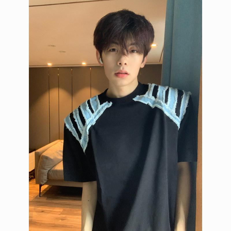 Tシャツ メンズ 半袖 デニム 切り替え ドロップショルダー 配色 春夏 ストリート 普段使い ルーズフィット ラウンドネック トップス