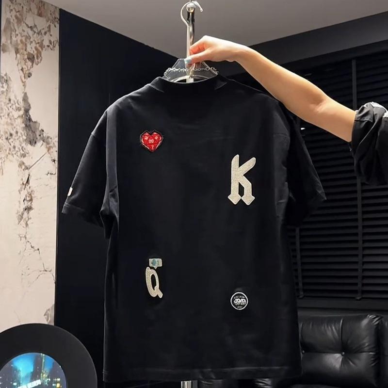 Tシャツ 男性用 刺繍 半袖 コットン トップス 薄手 ラウンドネック ブラック ホワイト 黒 白 普段使い