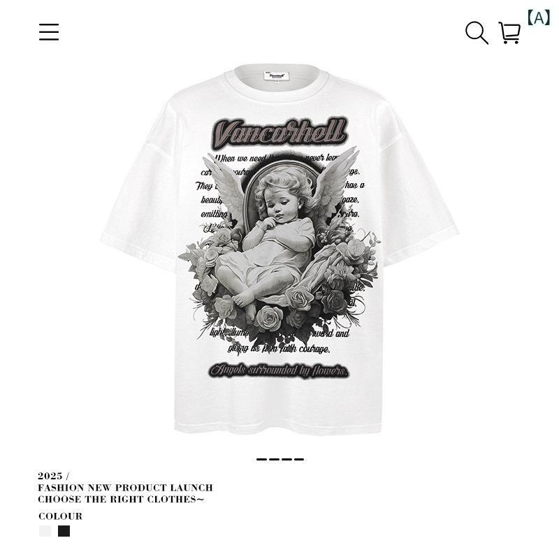 Tシャツ 男性用 ストリート系 天使 プリント トップス 半袖 コットン100% ゆったり ブラック ホワイト カジュアル 普段使い