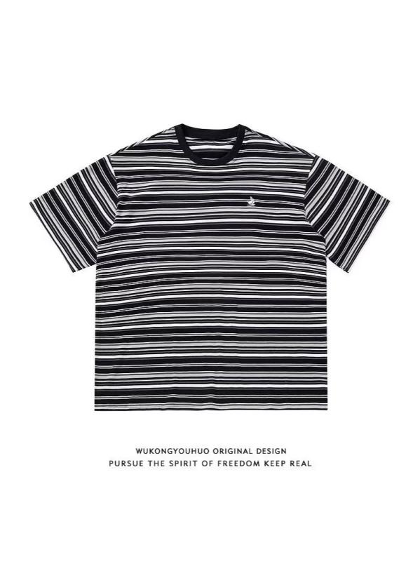 Tシャツ メンズ 半袖 夏 ボーダー柄 海軍風 リラックスフィット クルーネック カットソー トップス コットン混紡 薄手 カジュアル スタイル ブラック系 ブラウン系