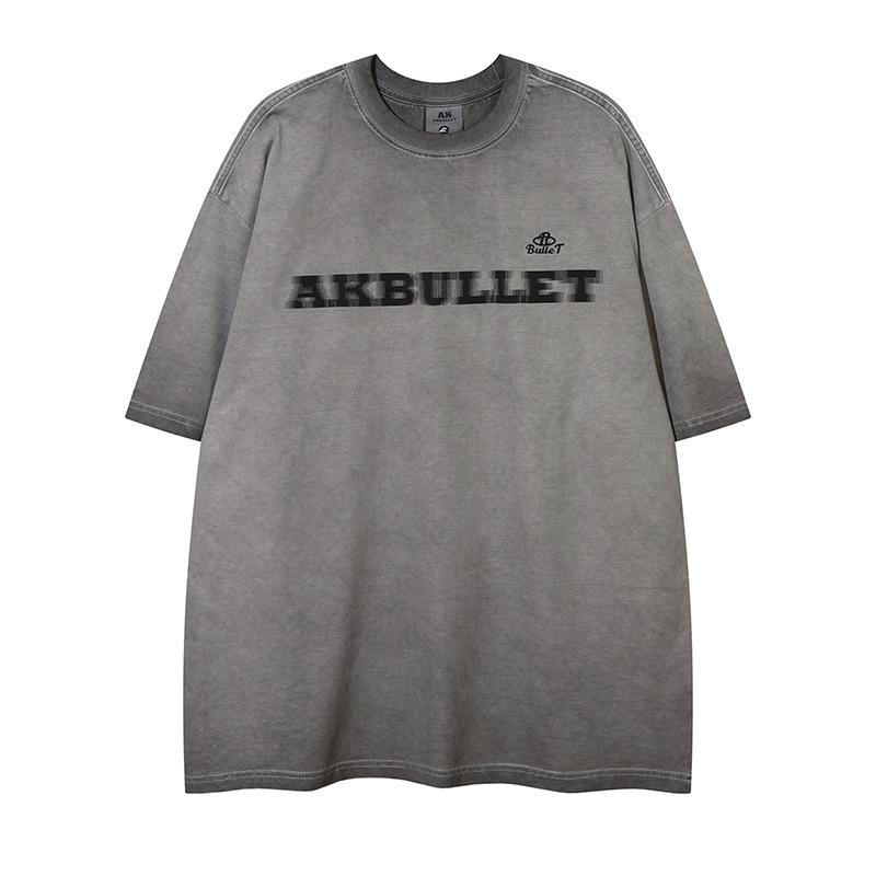 Tシャツ 男性用 ストリート アルファベット柄 コットン ウォッシュ加工 半袖 クルーネック カットソー トップス 普段使い ルーズフィット ブラック グレー(x2)