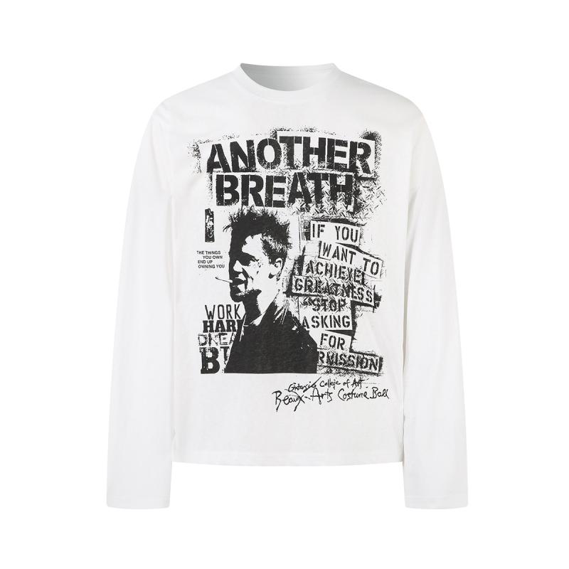 Tシャツ メンズ 男性用 長袖 美式 レトロ ヒップホップ ストリート系 ゆったり ラウンドネック カットソー プリント コットン混紡 通気性 吸湿性