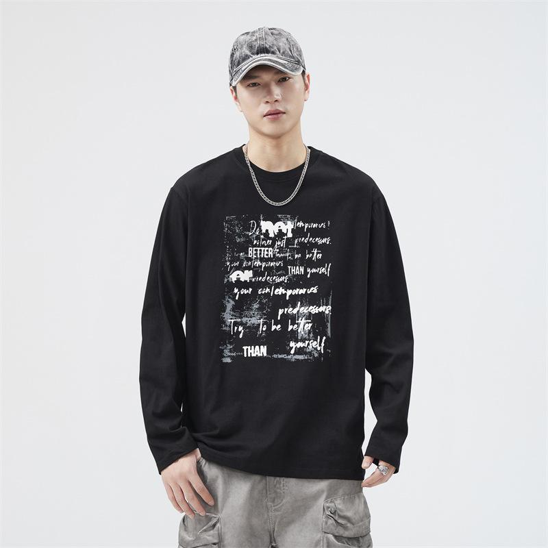 Tシャツ メンズ 男性用 長袖 春秋 トップス コットン100% 丸首 ルーズ 熊 英字プリント ストリートスタイル カジュアル 普段使い 黒 白