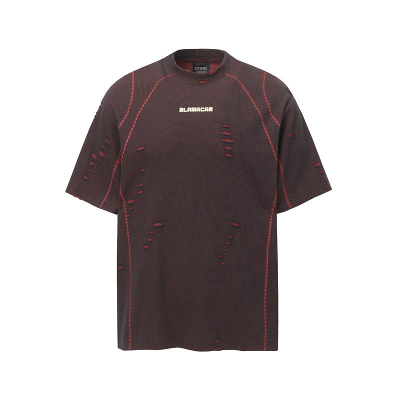 Tシャツ メンズ 半袖 ダメージ加工 ゆったり ラウンドネック トップス カットソー カジュアル スタイル 普段使い 赤みがかった茶色 黒みがかったグレー 紫みがかったグレー