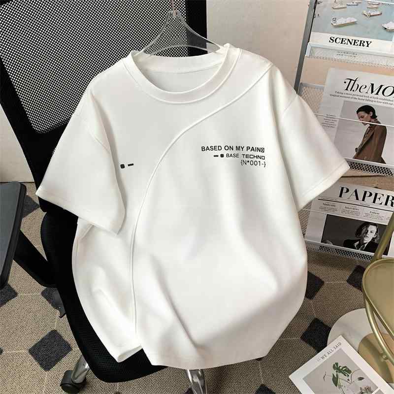 Tシャツ 男性用 高街スタイル レトロ 解体 再構築 半袖 トップス 亜麻混紡 ストライプ 薄手 リネン カットソー 白 黒 グレー