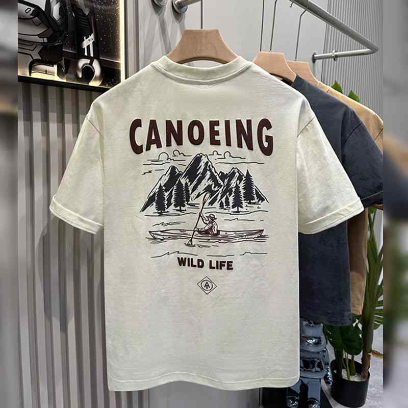 Tシャツ 男性用 ウォッシュ加工 半袖Tシャツ ストリートファッション クルーネック プリントTシャツ 普段使い リラックス ウェア ポリエステル ブラック 杏色 カーキ