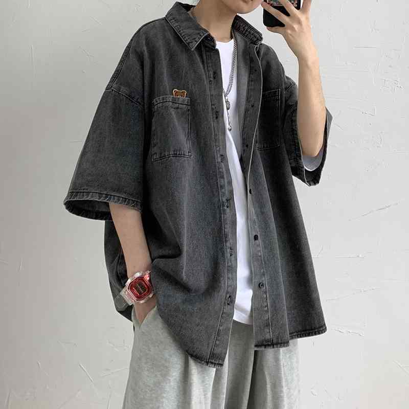 シャツ メンズ 半袖 デニムシャツ 刺・墸 港風 ゆったり トップス カジュアル 黒 グレー ブルー