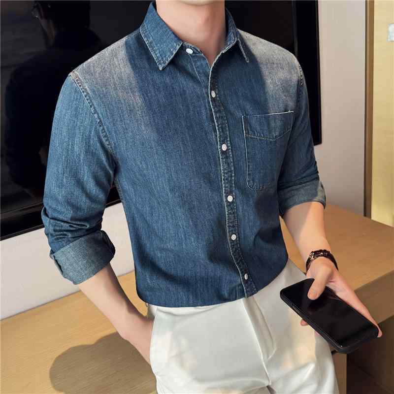 シャツ 男性用 デニムシャツ 長袖シャツ ウォッシュ加工 コットン 普段使い 修身 深青色 春秋