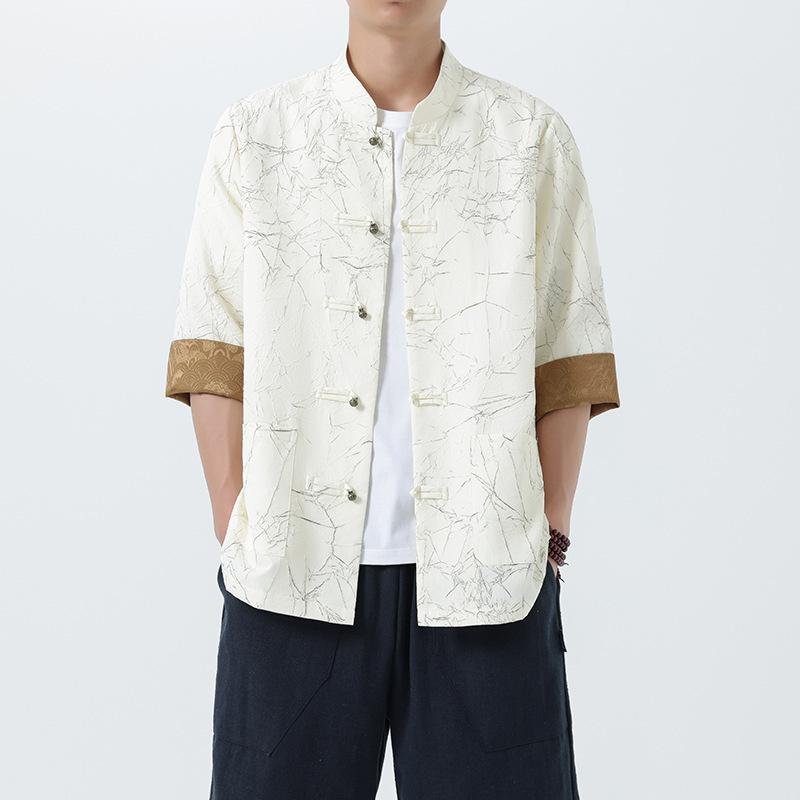 シャツ メンズ 男性用 チャイナ風 シャツ 立襟 半袖 ゆったり アロハシャツ風 トップス 化繊混紡 ミリタリーテイスト