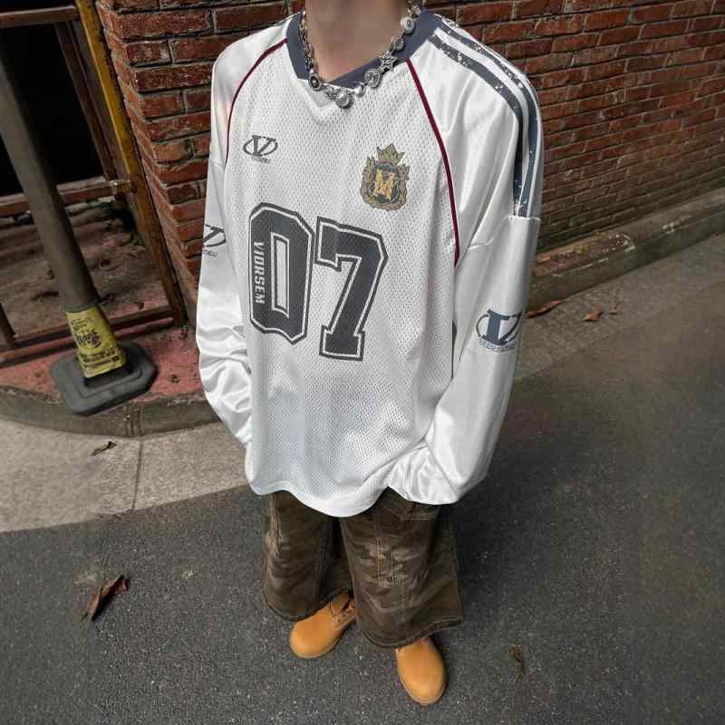 Tシャツ メンズ アメリカン レトロ プリント メッシュ 長袖 カットソー ストリート ゆったり 野球 春夏