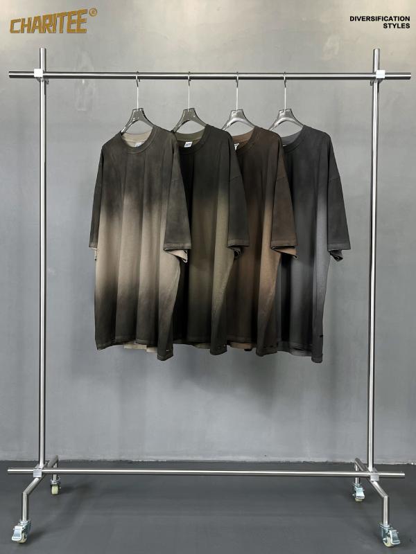 Tシャツ メンズ 男性用 ストリート カジュアル 半袖Tシャツ カットソー 綿100％ ドロップショルダー 水洗い 絞り染め 墨黒 ブラック系