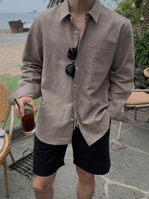 シャツ メンズ 男性用 長袖シャツ 麻 リネン 韓国風 レトロ 普段使い 接触冷感 通気性 トップス 深カーキ