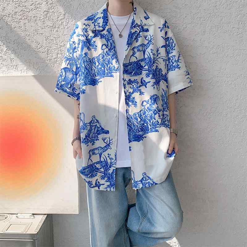 シャツ 男性用 リネン混紡 キューバシャツ 半袖 トップス 接触冷感 プリント M L XL 2XL 3XL 4XL 5XL 6XL 7XL 8XL