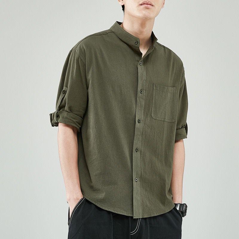 シャツ メンズ 男性用 麻 リネン 半袖 白シャツ チャイナ風 トップス ゆったり 7分袖 無地 カジュアル オリーブ ホワイト ブラック